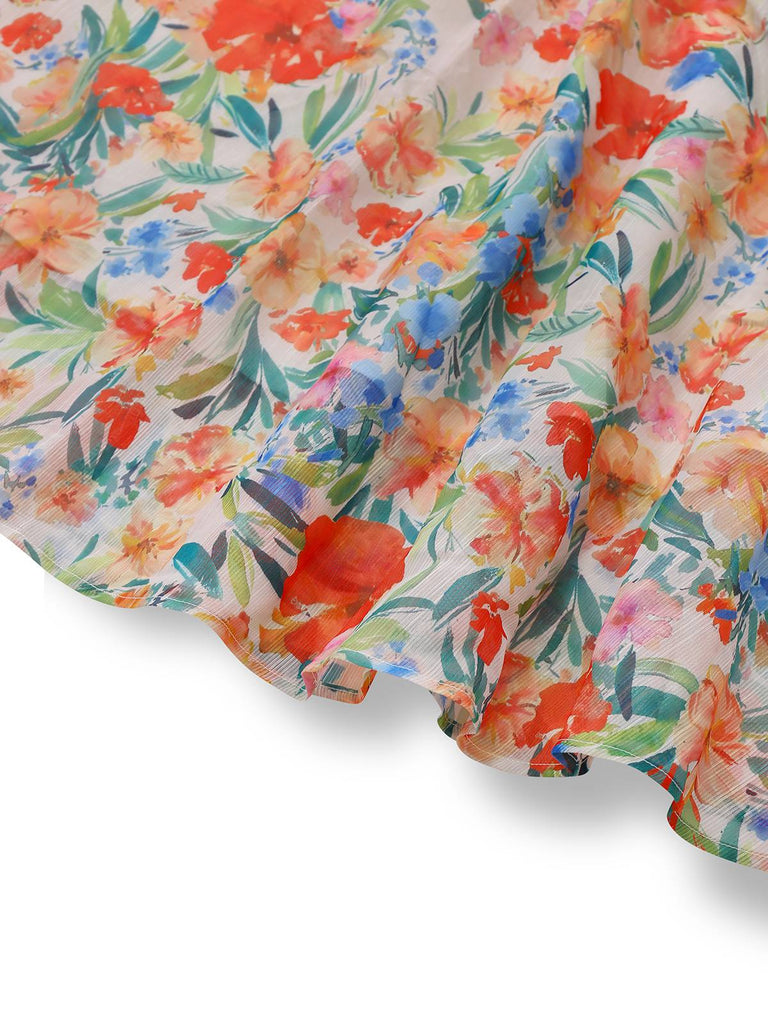 Robe multicolore à fleurs col en V manches lanternes années 1950