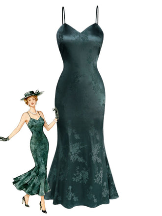 Robe sirène en satin et bretelles uni motif floral jacquard années 1930