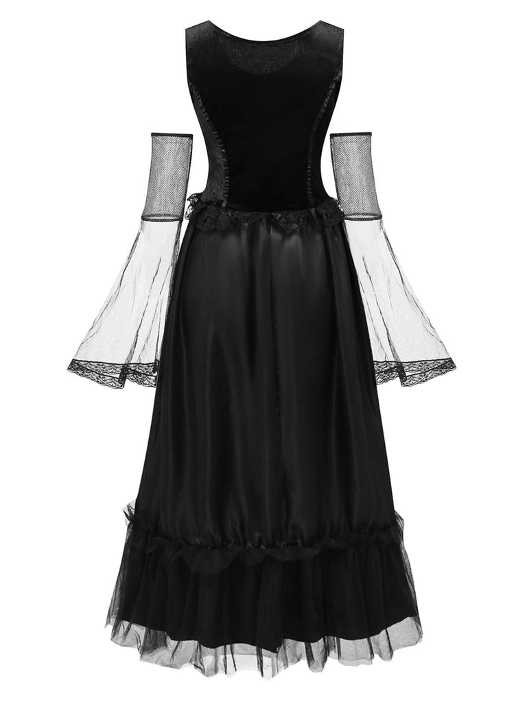 Robe noire patchwork en maille Halloween des années 1980 avec cape