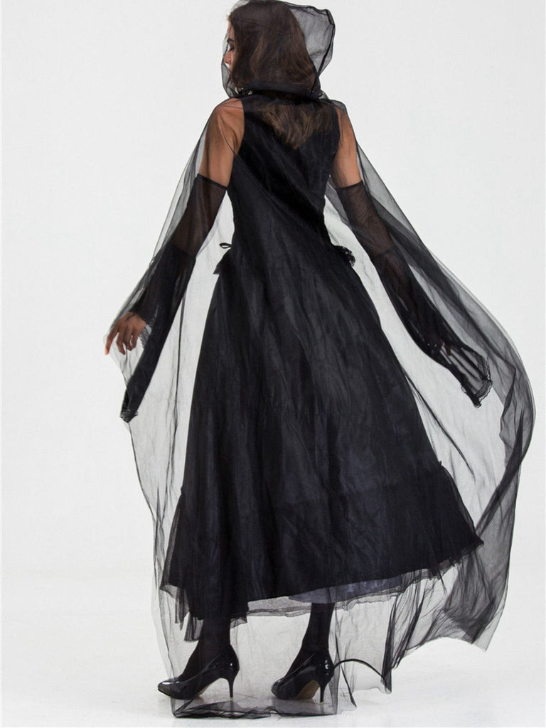 Robe noire patchwork en maille Halloween des années 1980 avec cape
