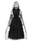 Robe noire patchwork en maille Halloween des années 1980 avec cape