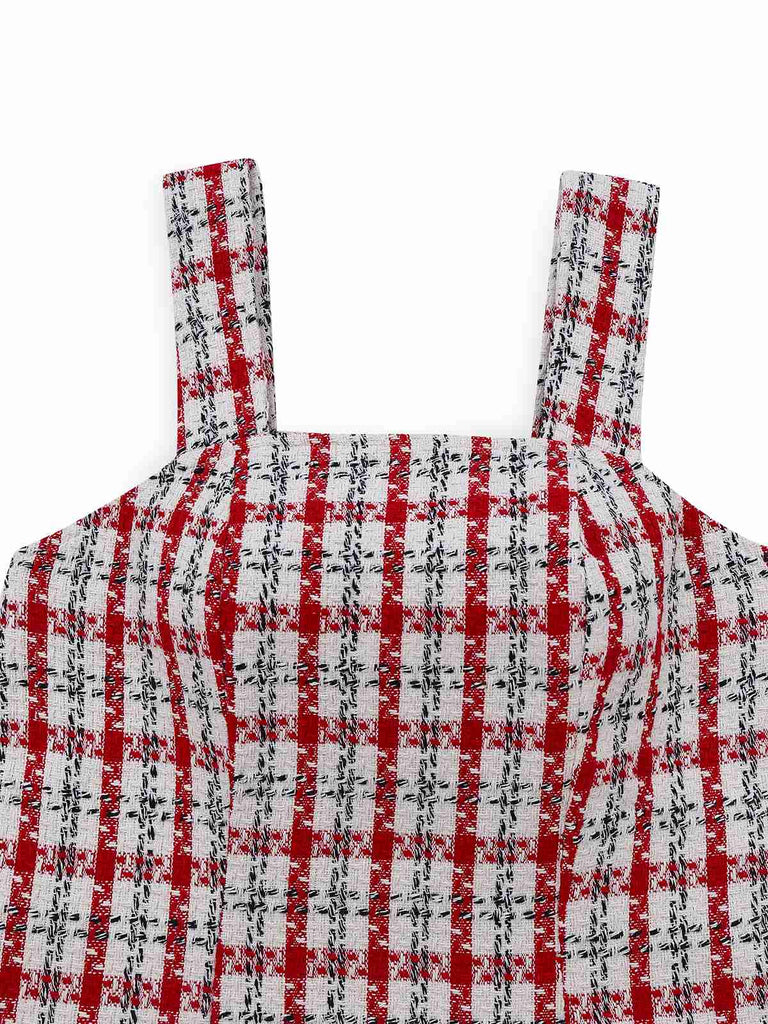 Robe gilet en tweed à carreaux rouge des années 1960