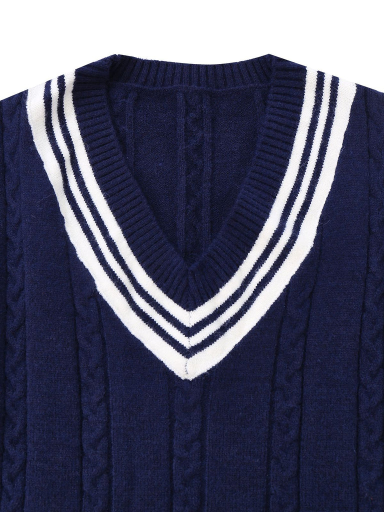 Pull rayé bleue à col en V en maille style nautique années 1950
