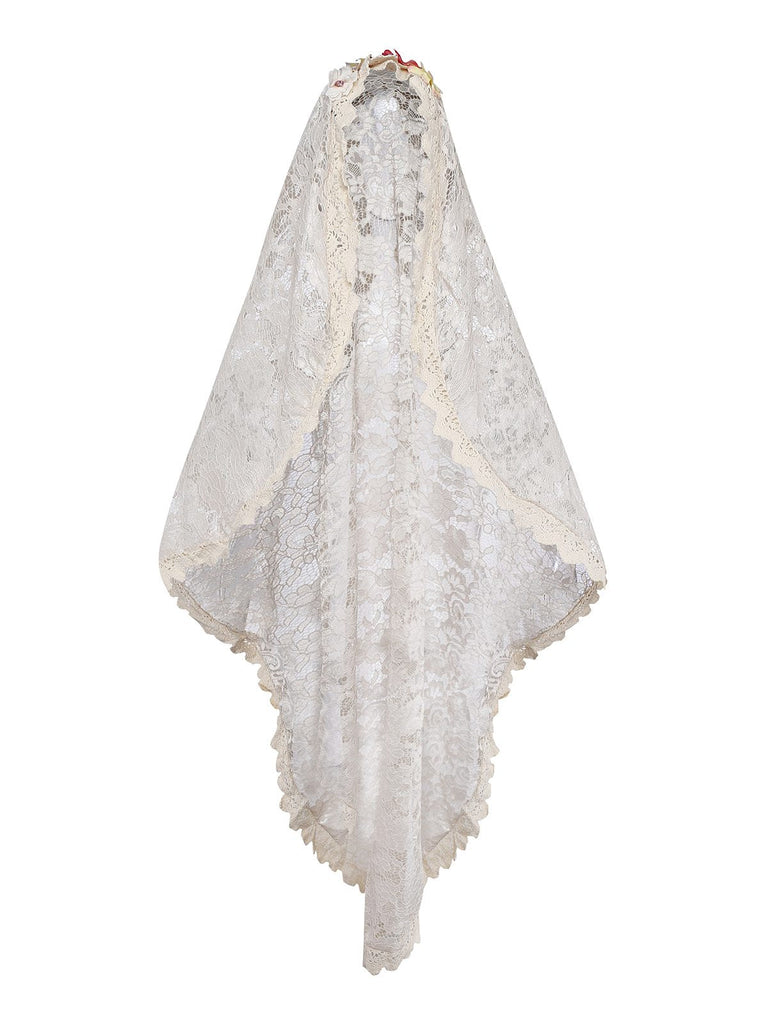 Ensemble robe de mariée vampire beige en dentelle style Halloween des années 1930