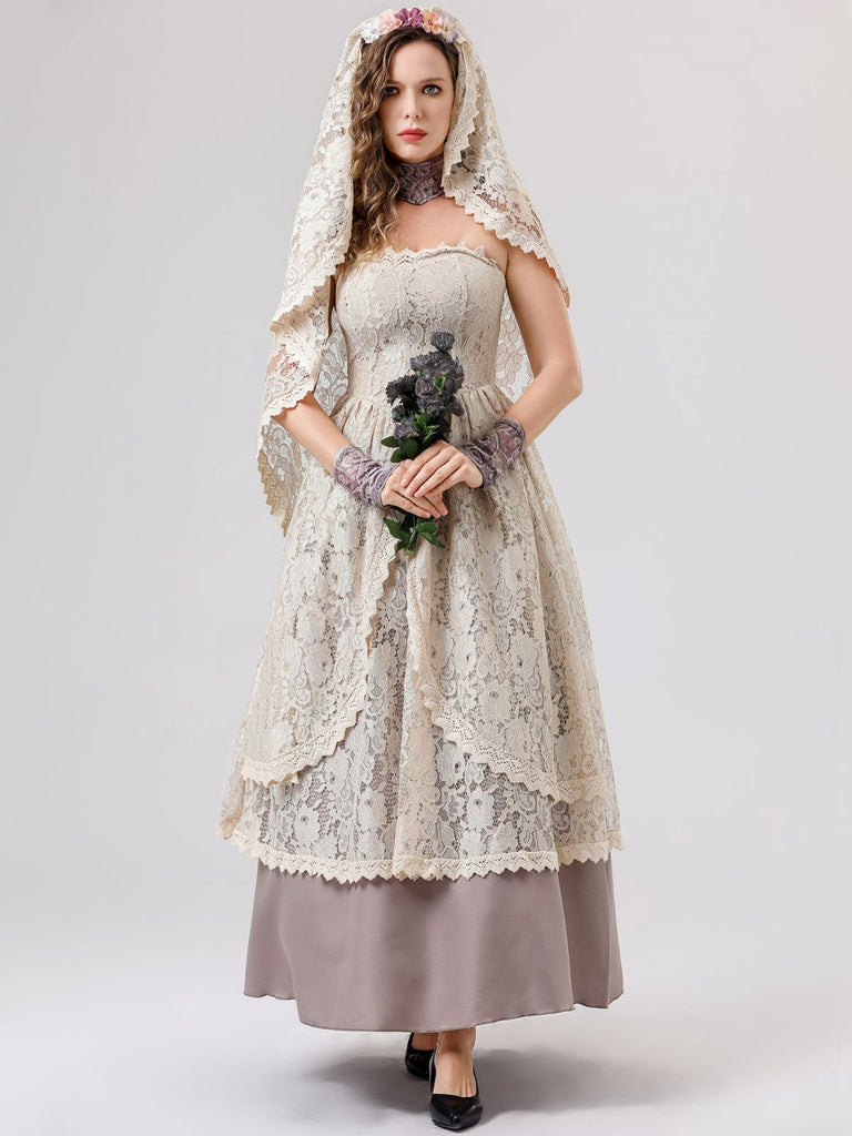 Ensemble robe de mariée vampire beige en dentelle style Halloween des années 1930