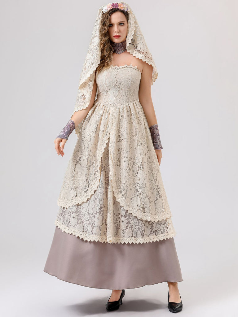 Ensemble robe de mariée vampire beige en dentelle style Halloween des années 1930