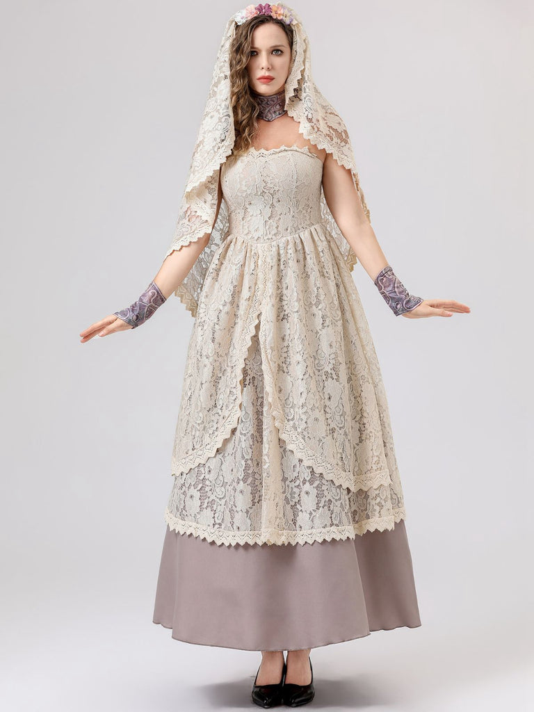 Ensemble robe de mariée vampire beige en dentelle style Halloween des années 1930