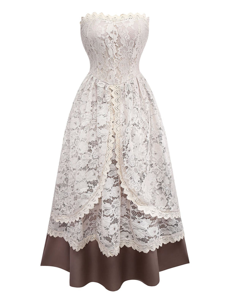 Ensemble robe de mariée vampire beige en dentelle style Halloween des années 1930