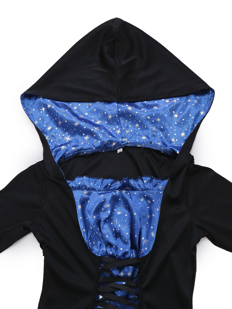 Robe à capuche noire et bleue style sorcière des années 1930