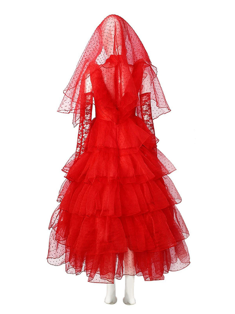Ensemble robe rouge à pois pour Ghost Bride d'Halloween des années 1950