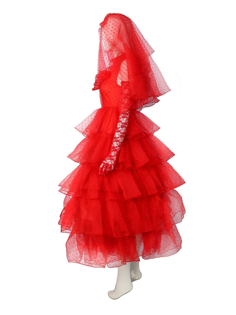Ensemble robe rouge à pois pour Ghost Bride d'Halloween des années 1950