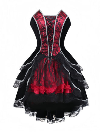 Robe bustier rouge en dentelle ourlet asymétrique manches chauve-souris années 1970