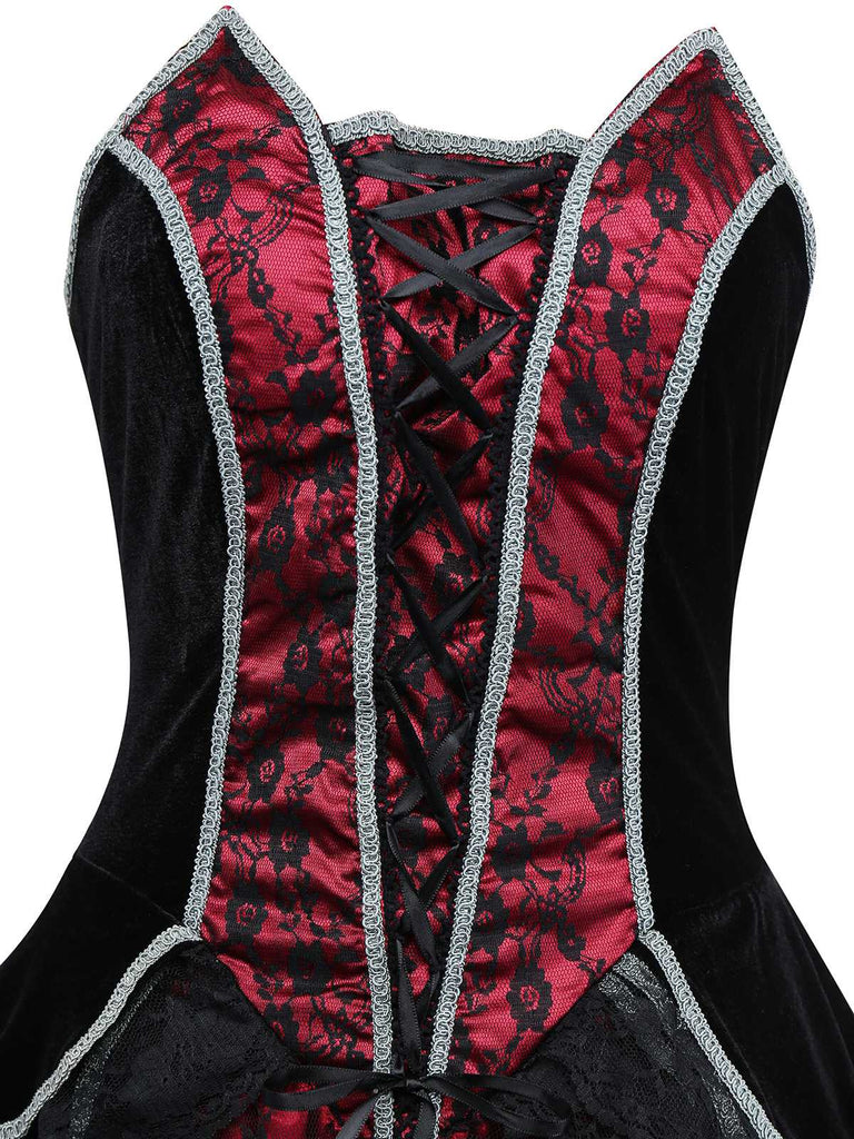 Robe bustier rouge en dentelle ourlet asymétrique manches chauve-souris années 1970