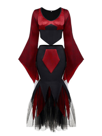 2PCS Haut en maille guépard rouge et jupe sirène des années 1930