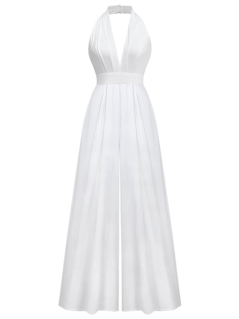 Combinaison pantalon unie col en V profond et jambes ultra-larges années 1970