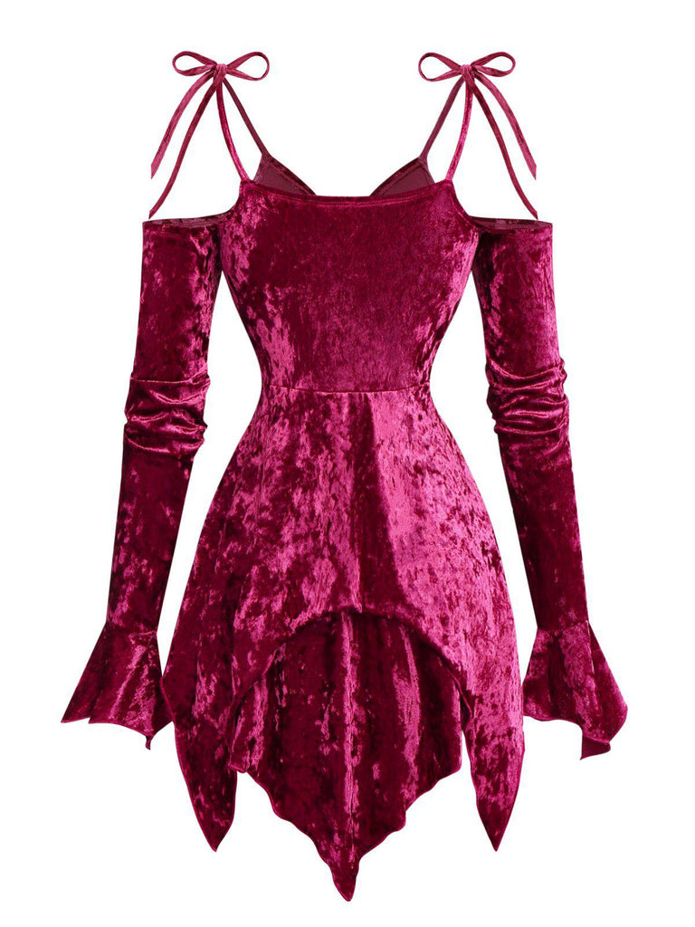 Robe en velours manches clochebretelles à lacets et ourlet irrégulier des années 1960