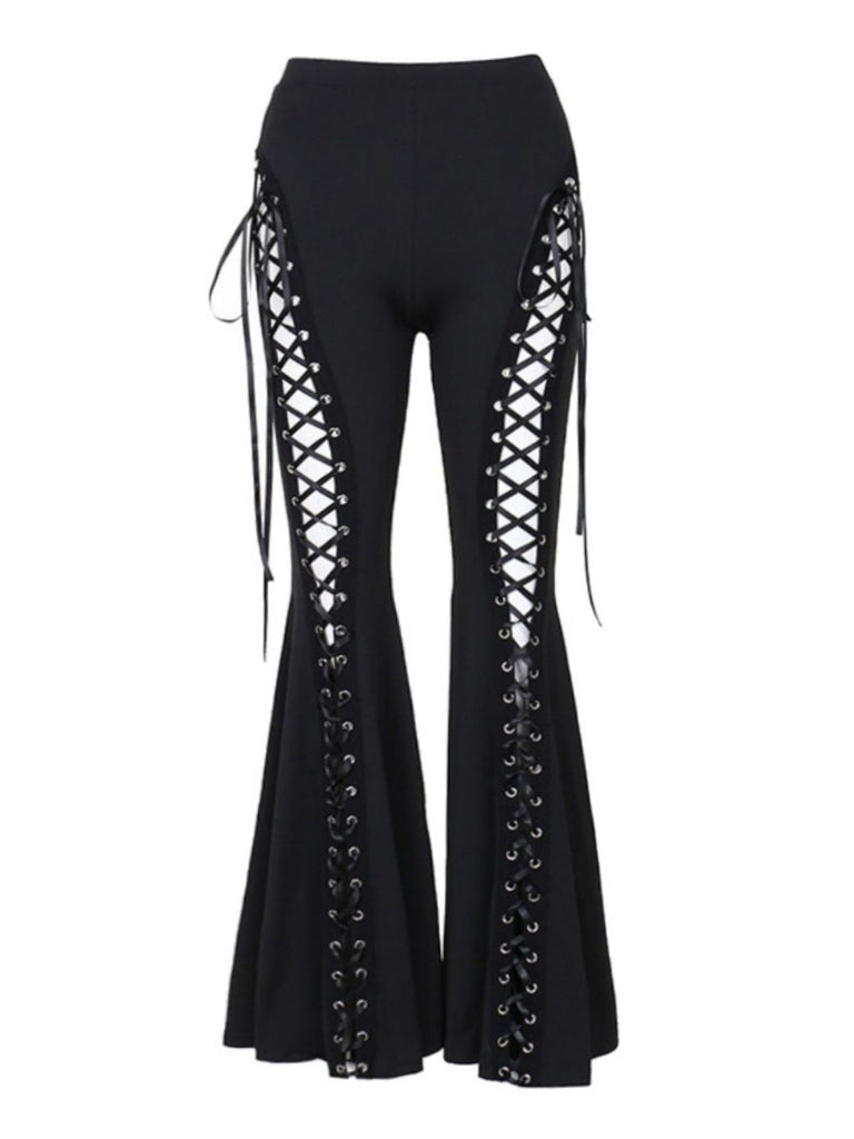 Pantalon bootcut noir à lacets et cordon de serrage style punk des années 1980