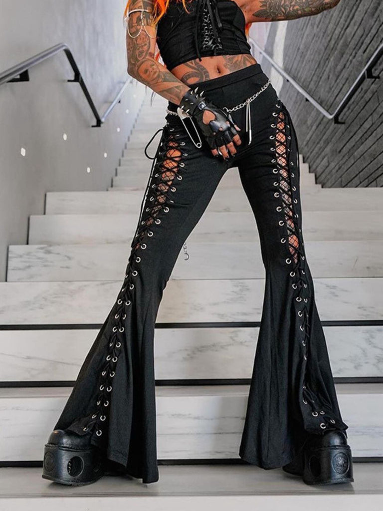 Pantalon bootcut noir à lacets et cordon de serrage style punk des années 1980