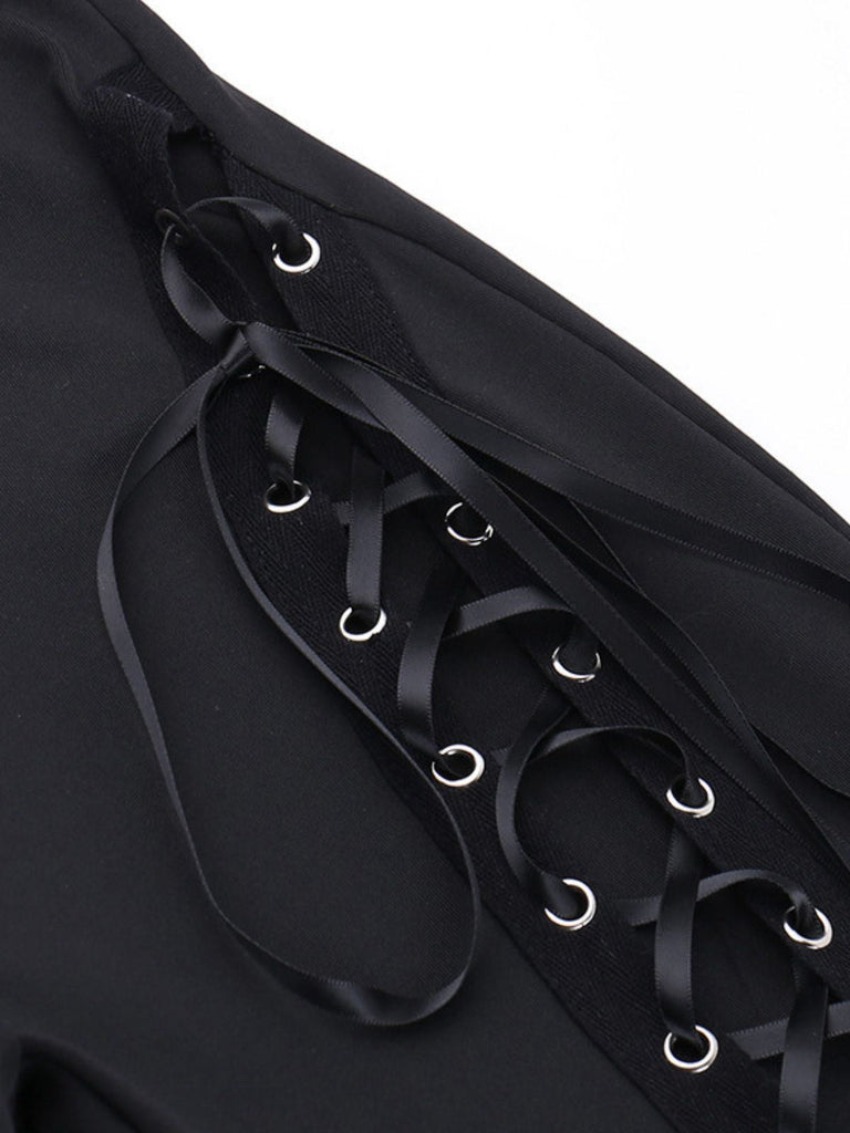 Pantalon bootcut noir à lacets et cordon de serrage style punk des années 1980