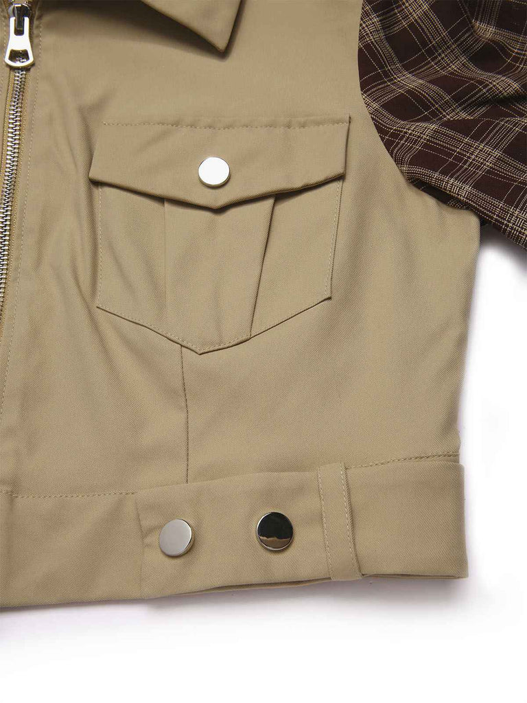 [Pré-vente] 2PCS Veste patchwork à carreaux et jupe plissée kaki et marron années 1960