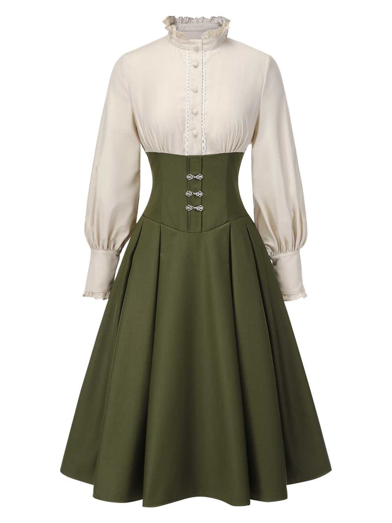 Robe à volants bloc de couleur col jabot et nœud victorien des années 1950