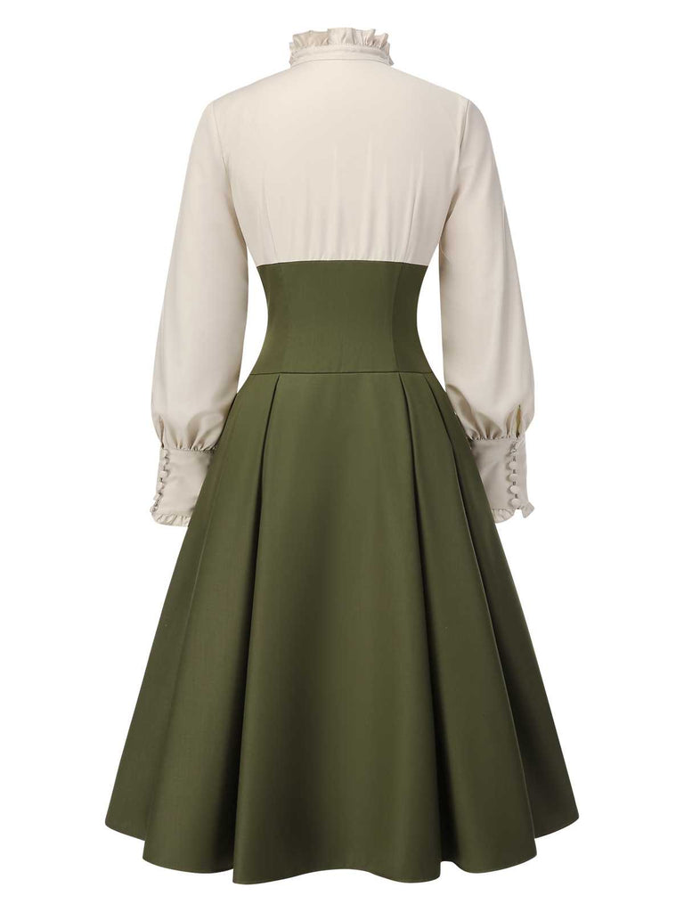 Robe à volants bloc de couleur col jabot et nœud victorien des années 1950