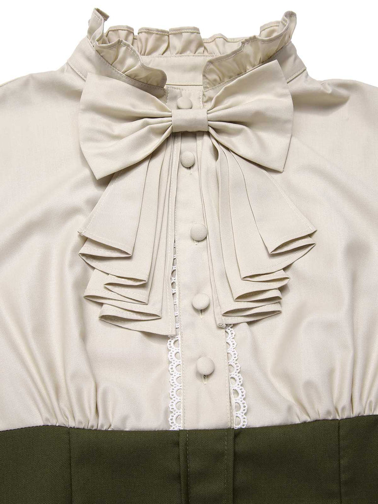 2PCS robe vertes victoriennes col jabot et nœud et cape courte années 1950