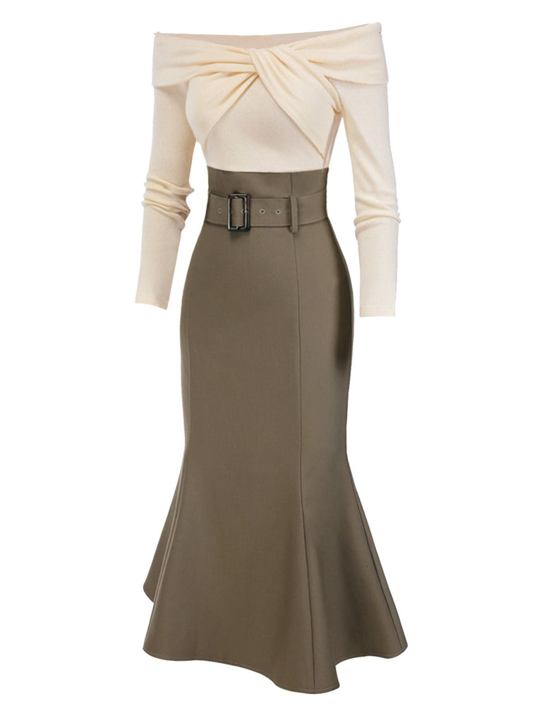 Robe sirène torsadée épaules dénudées kaki avec ceinture des années 1930