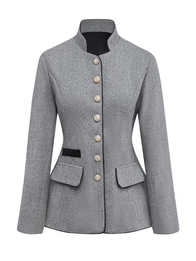 Veste grise à boutons et col montant en fausse laine années 1940