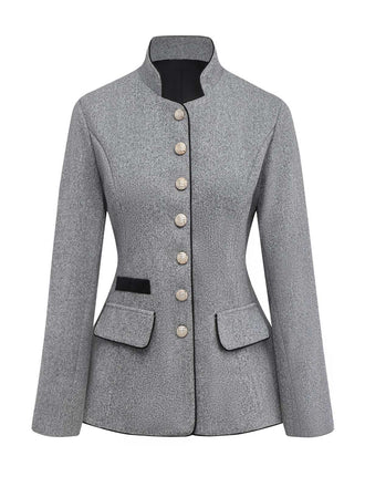 Veste grise à boutons et col montant en fausse laine années 1940