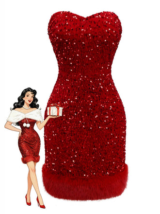 Robe bustier rouge en velours à paillettes et bordure en fausse fourrure années 70