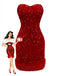 Robe bustier rouge en velours à paillettes et bordure en fausse fourrure années 70