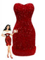 Robe bustier rouge en velours à paillettes et bordure en fausse fourrure années 70