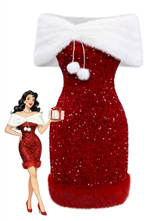 2PCS robe bustier et châle en velours rouge à paillettess des années 70