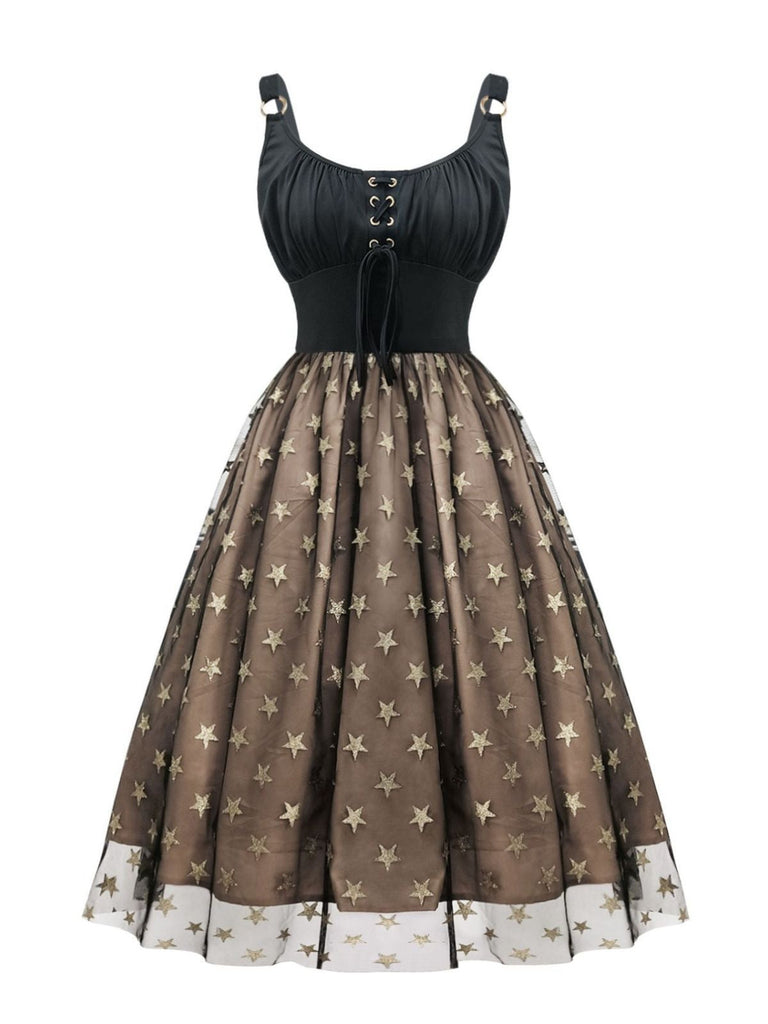 Robe noire froncée en maille pailletée à étoiles dorées des années 1950