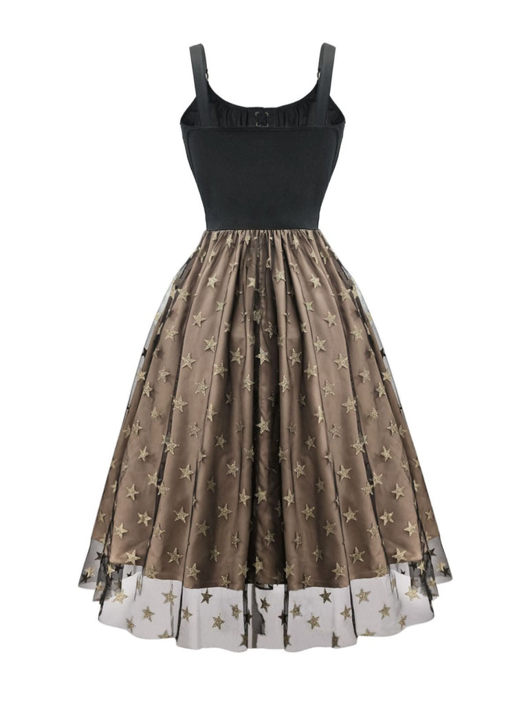 Robe noire froncée en maille pailletée à étoiles dorées des années 1950