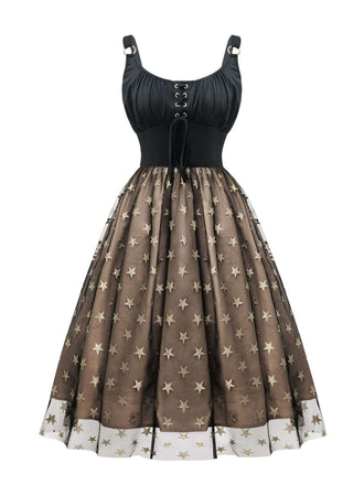 Robe noire froncée en maille pailletée à étoiles dorées des années 1950