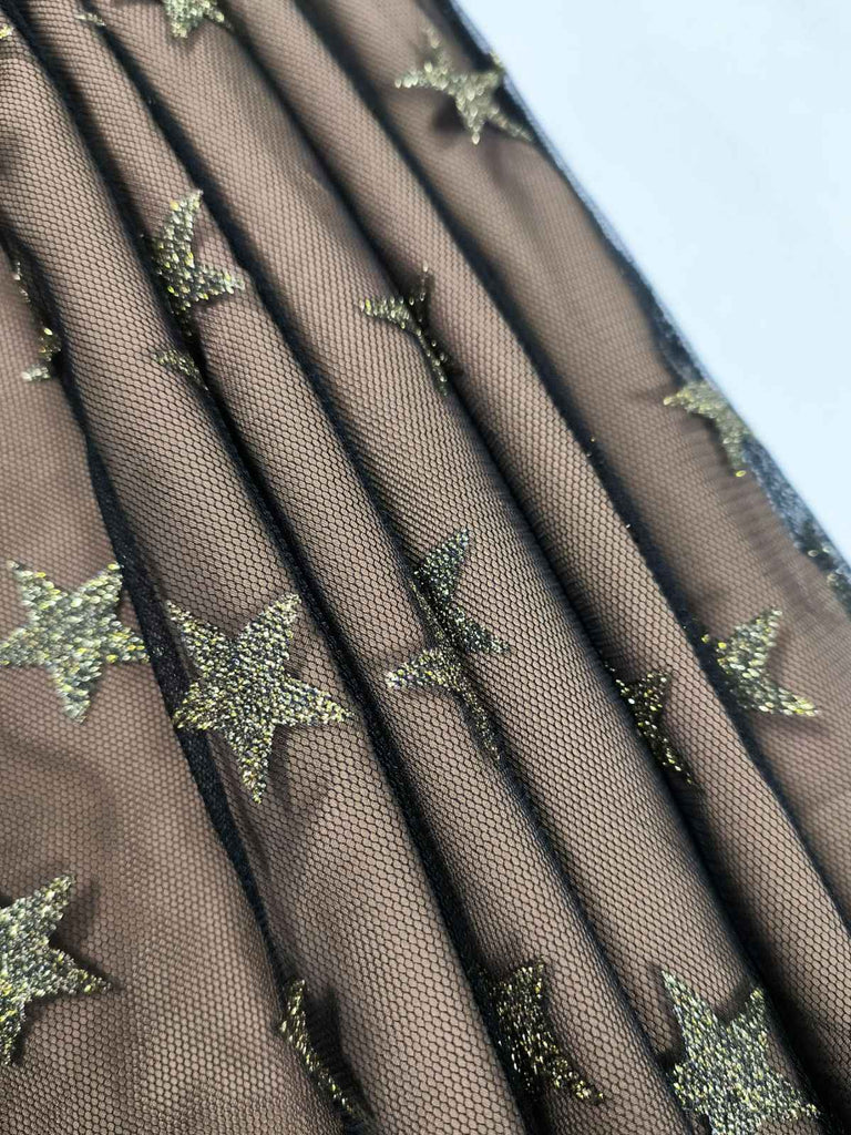 Robe noire froncée en maille pailletée à étoiles dorées des années 1950