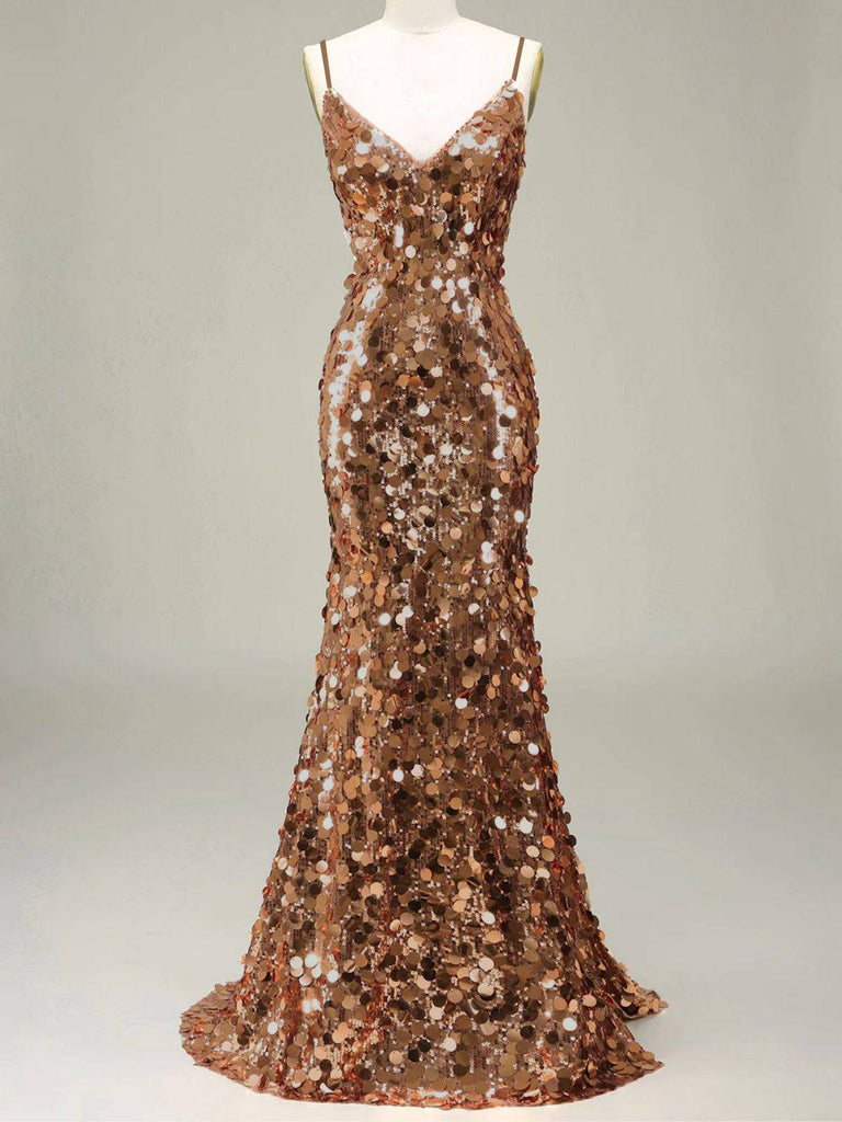 Robe de soirée longue au sol dorée à paillettes des années 1930