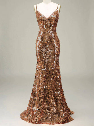Robe de soirée longue au sol dorée à paillettes des années 1930