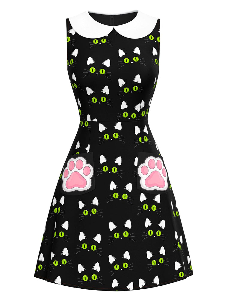 [Prévente] Robe noire imprimé chat avec poches à pattes des années 1960
