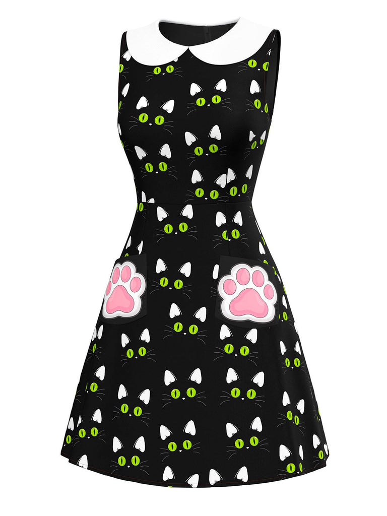 [Prévente] Robe noire imprimé chat avec poches à pattes des années 1960