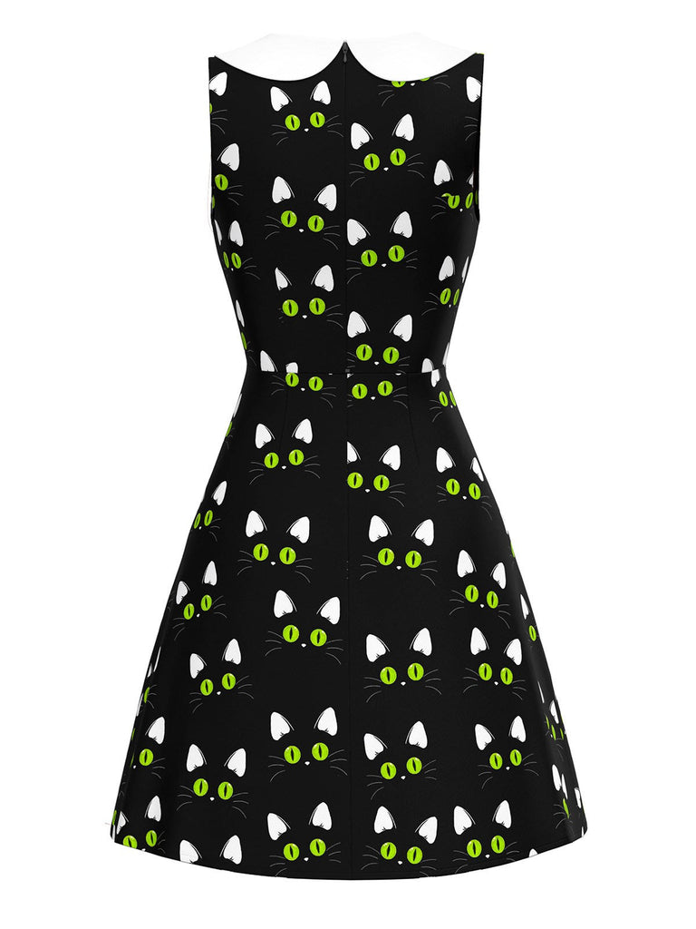 [Prévente] Robe noire imprimé chat avec poches à pattes des années 1960