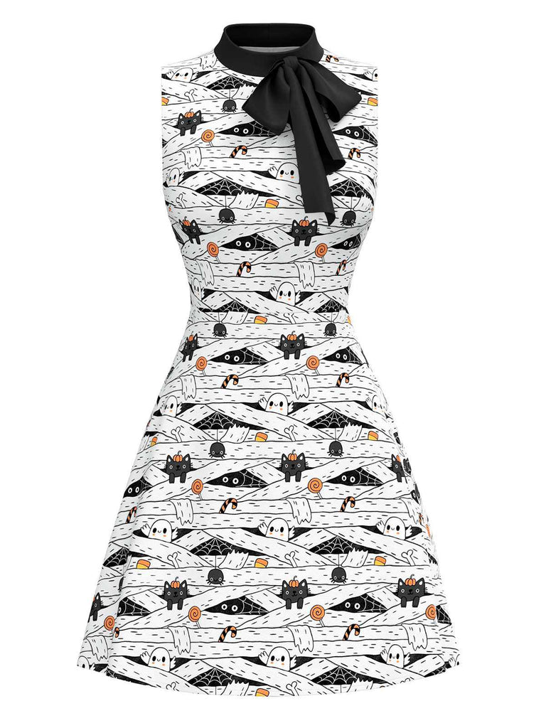 [Prévente] Robe blanche et noire imprimé chat avec col à nœud des années 1960