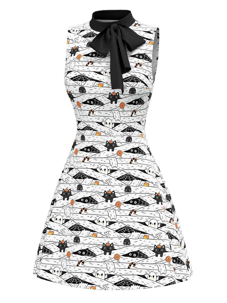 [Prévente] Robe blanche et noire imprimé chat avec col à nœud des années 1960