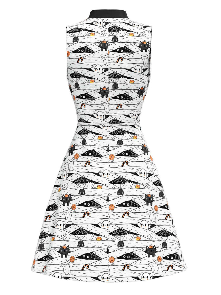 [Prévente] Robe blanche et noire imprimé chat avec col à nœud des années 1960