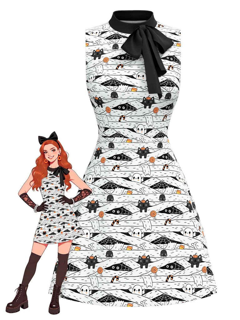[Prévente] Robe blanche et noire imprimé chat avec col à nœud des années 1960