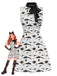 [Prévente] Robe blanche et noire imprimé chat avec col à nœud des années 1960