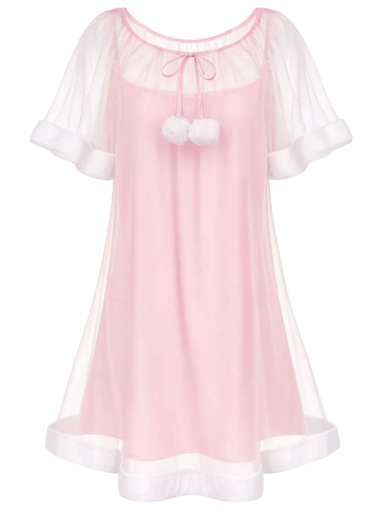 Chemise de nuit rose tulle volants peluche années 40