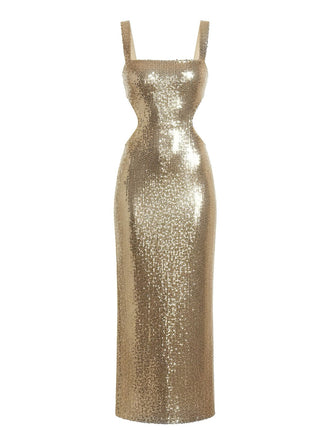 Robe longue de soirée dos nu à paillettes dorées des années 1920